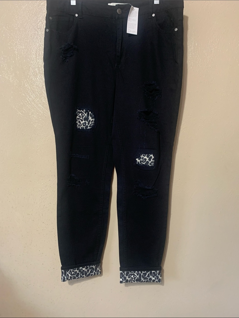 Cato size 16 Distress Jeans with Leopard Patch and Cuffed Detail NWT